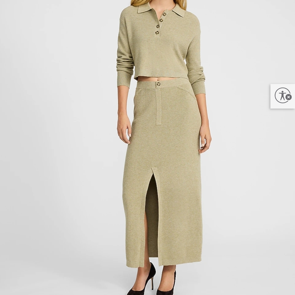 Express Olive Green Knit Maxi Skirt with Front Slit
